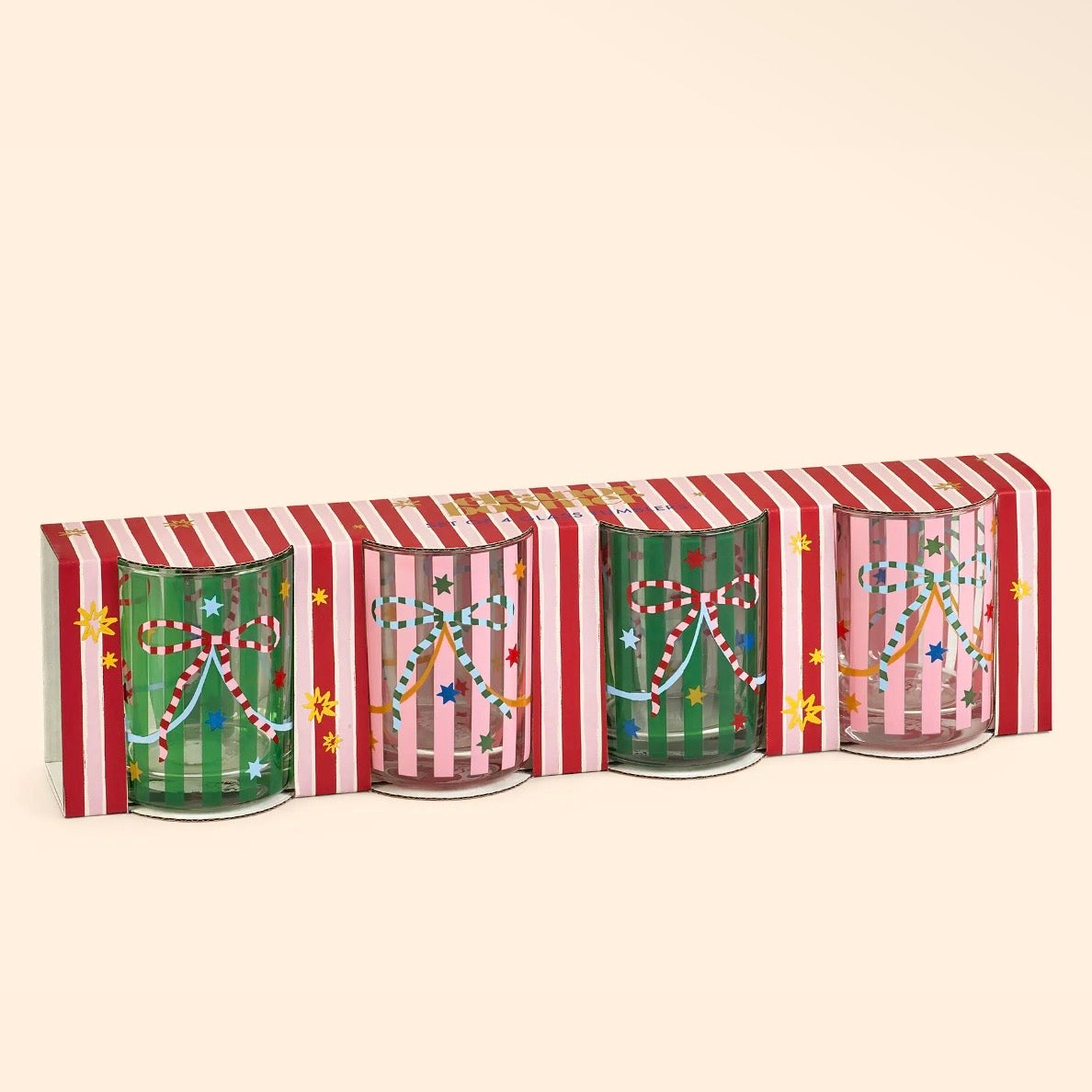 Pink & Green Bow Glass Tumblers - Set of 4