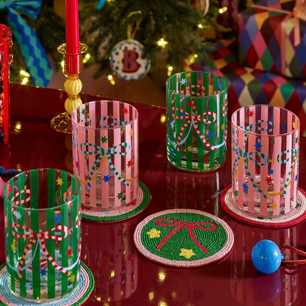 Pink & Green Bow Glass Tumblers - Set of 4
