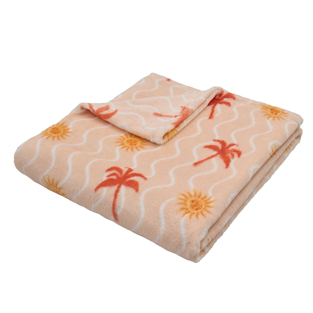 Fusion Soleil Sun & Palm Print Fleece Throw | Coral & Camel