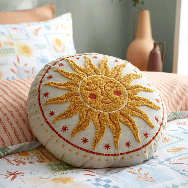 Fusion Soleil Sun Embroidered Round Cushion | Yellow