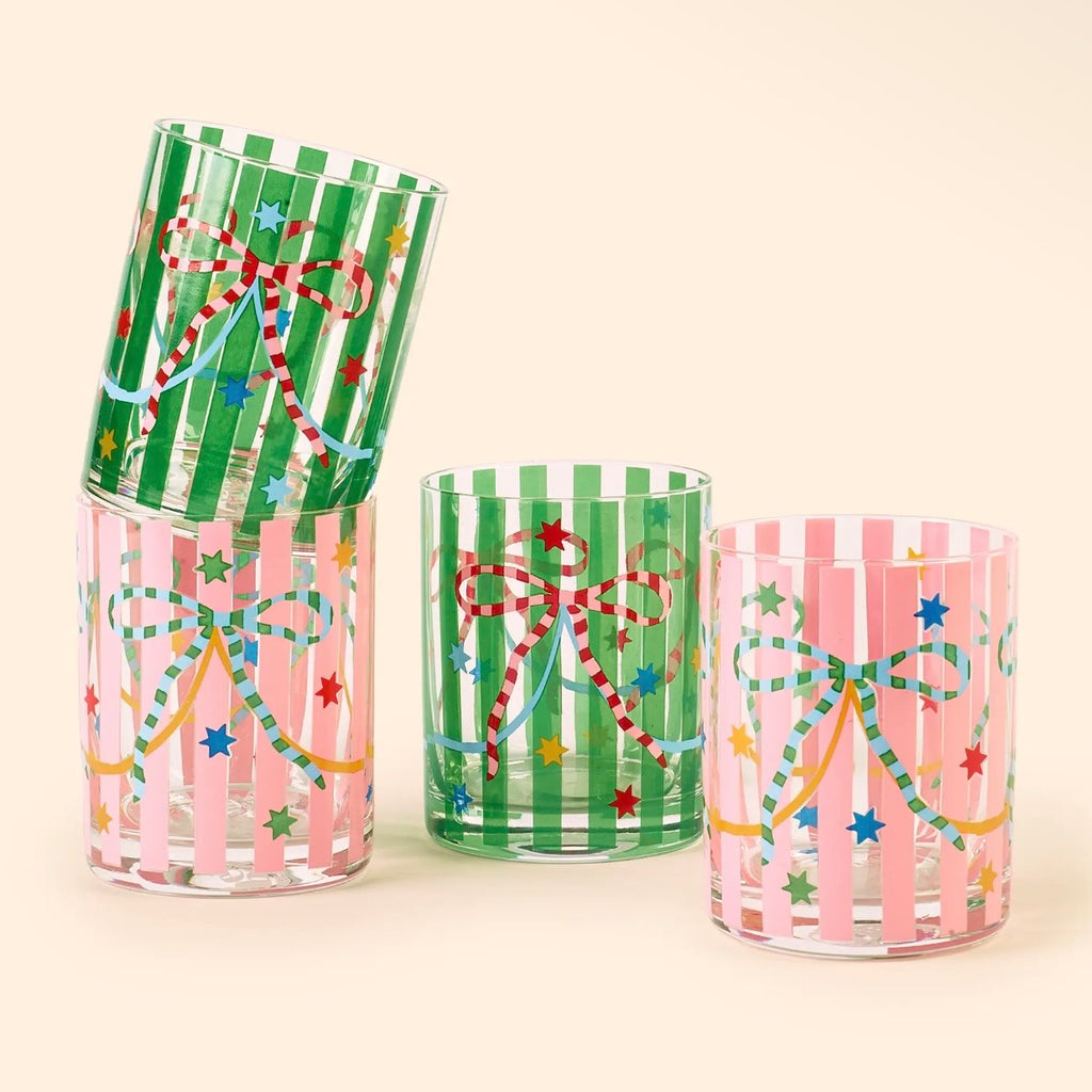 Pink & Green Bow Glass Tumblers - Set of 4