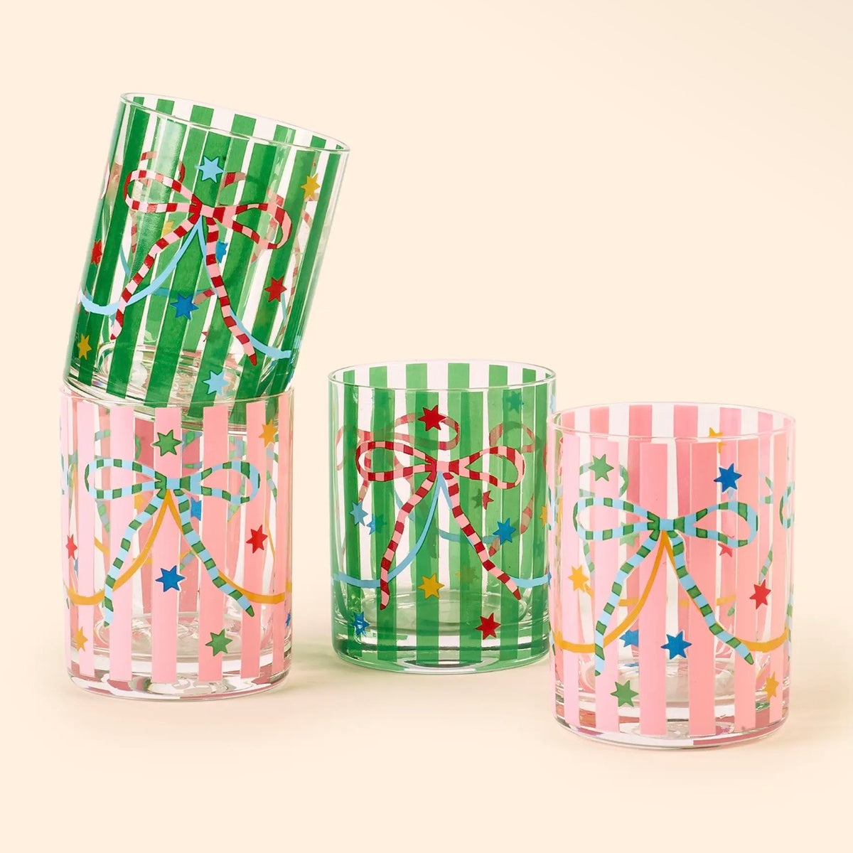 Pink & Green Bow Glass Tumblers - Set of 4